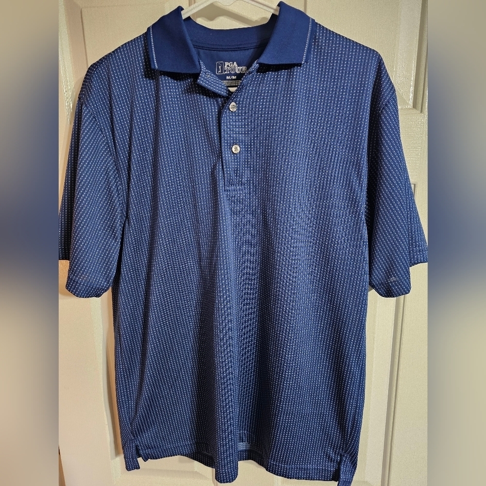 PGA Tour Mens Performance Golf Polo Shirt Medium Navy Blue Micro Dot Athletic - Picture 2 of 6
